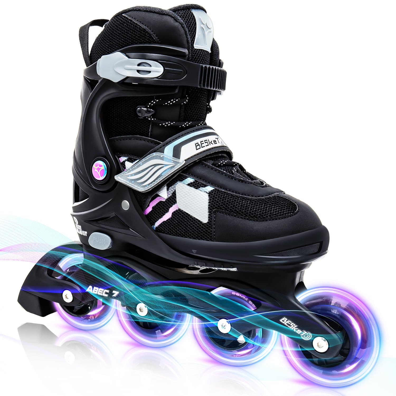 Besketo Light up Kids Inline Skates for Girls and Boys, 5 Size Adjustable Length and Width Roller Shoes with Full Illuminating Wheels for Adults, Roller Skates for Beginner Men Women - L 4-8