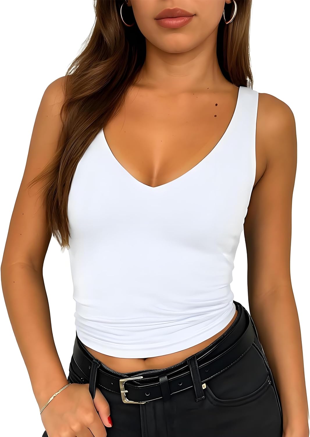 ForeFair Women's Sleevelsee V Neck Crop Tank Top Summer Double Layer Going Out Workout Casual Basic Tops