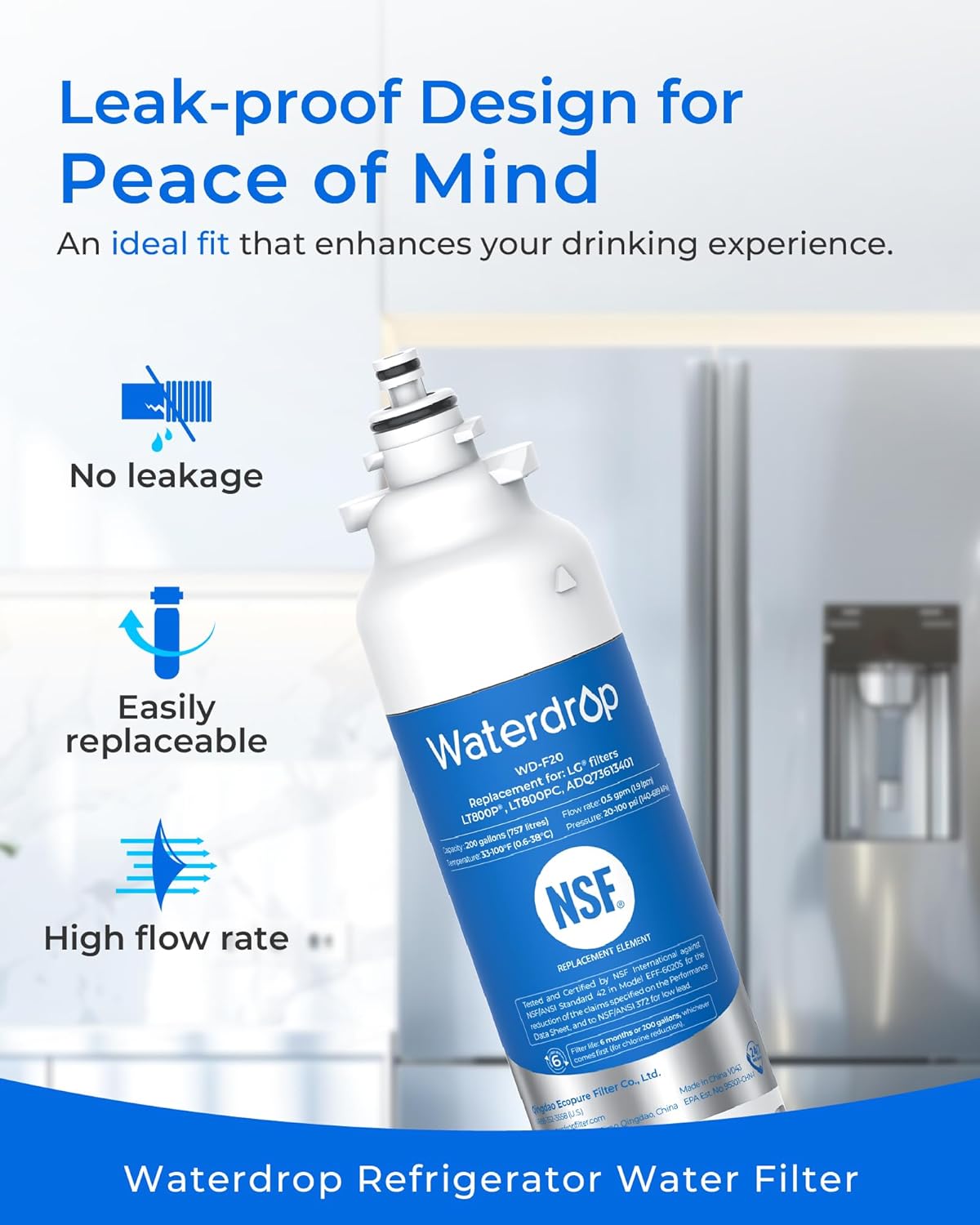 Waterdrop ADQ73613401 Replacement for LG® LT800P®, ADQ73613402, ADQ73613408, ADQ75795104, Kenmore 9490, LSXS26326S, LMXC23746S, LSXS26366S, Refrigerator Water Filter, WD-F20, 3 Pack (Package May Vary)