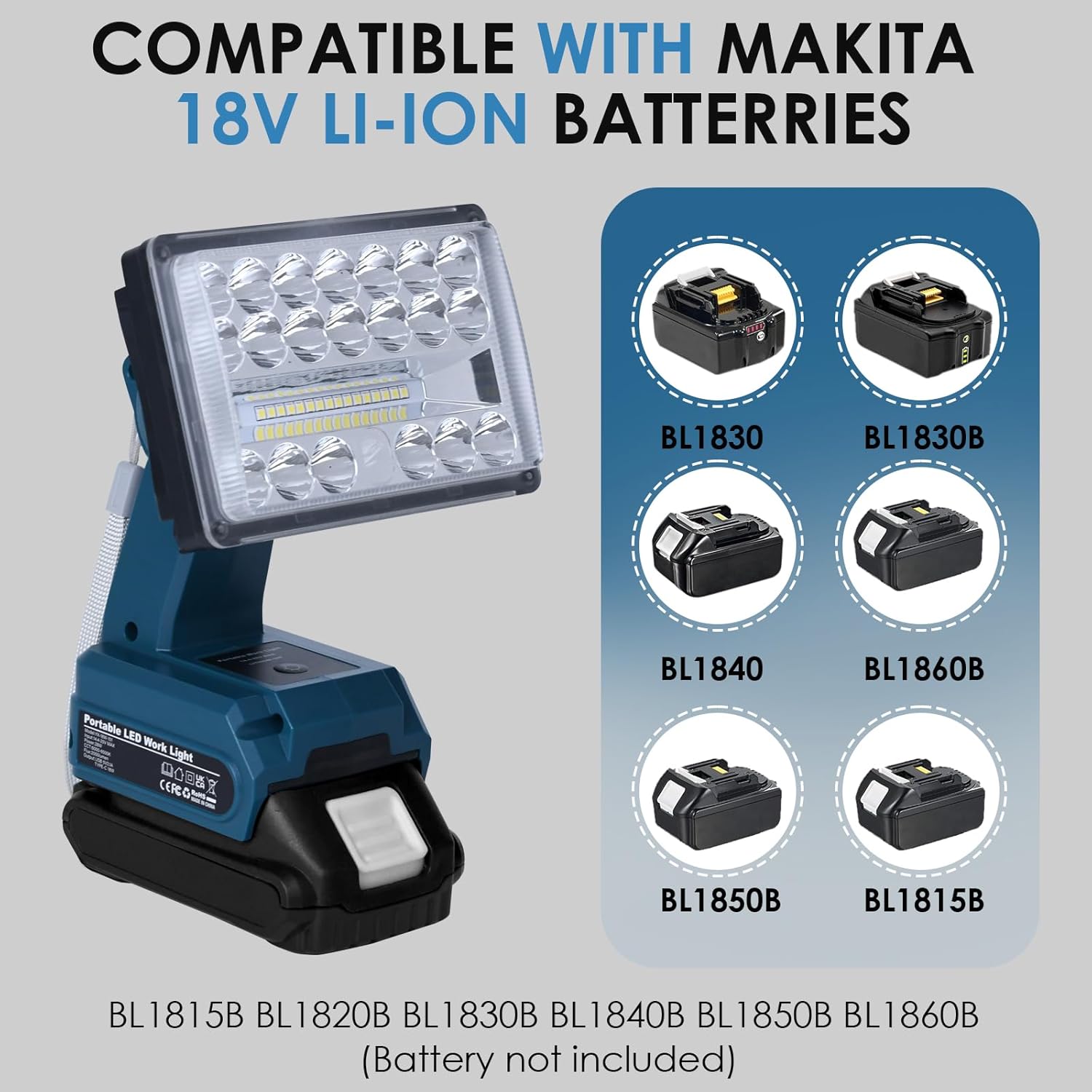 18W 2000LM Cordless LED Work Light Compatible with Makita 18V Batteries,90°Adjustable Head Flashlight with USB Charging Port for Job Sites,Camping,Indoor,Outdoor(Battery not Included)