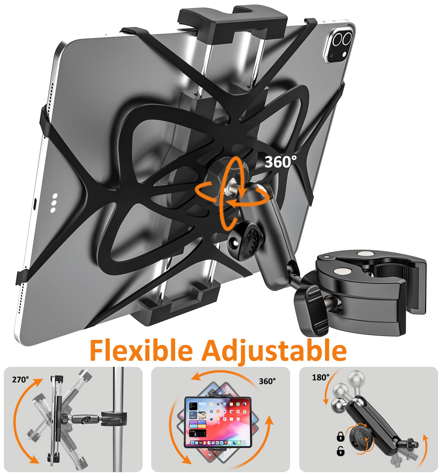 Soporte Tablet Motocicleta Bicicleta [Muy Estable y Duradero] Soporte Tablet Barco Bici Carretera Moto Carrito de Bebe Eliptica, Abrazadera Manillar Tubo para iPad, Galaxy Tab, Móvils, 4-13"