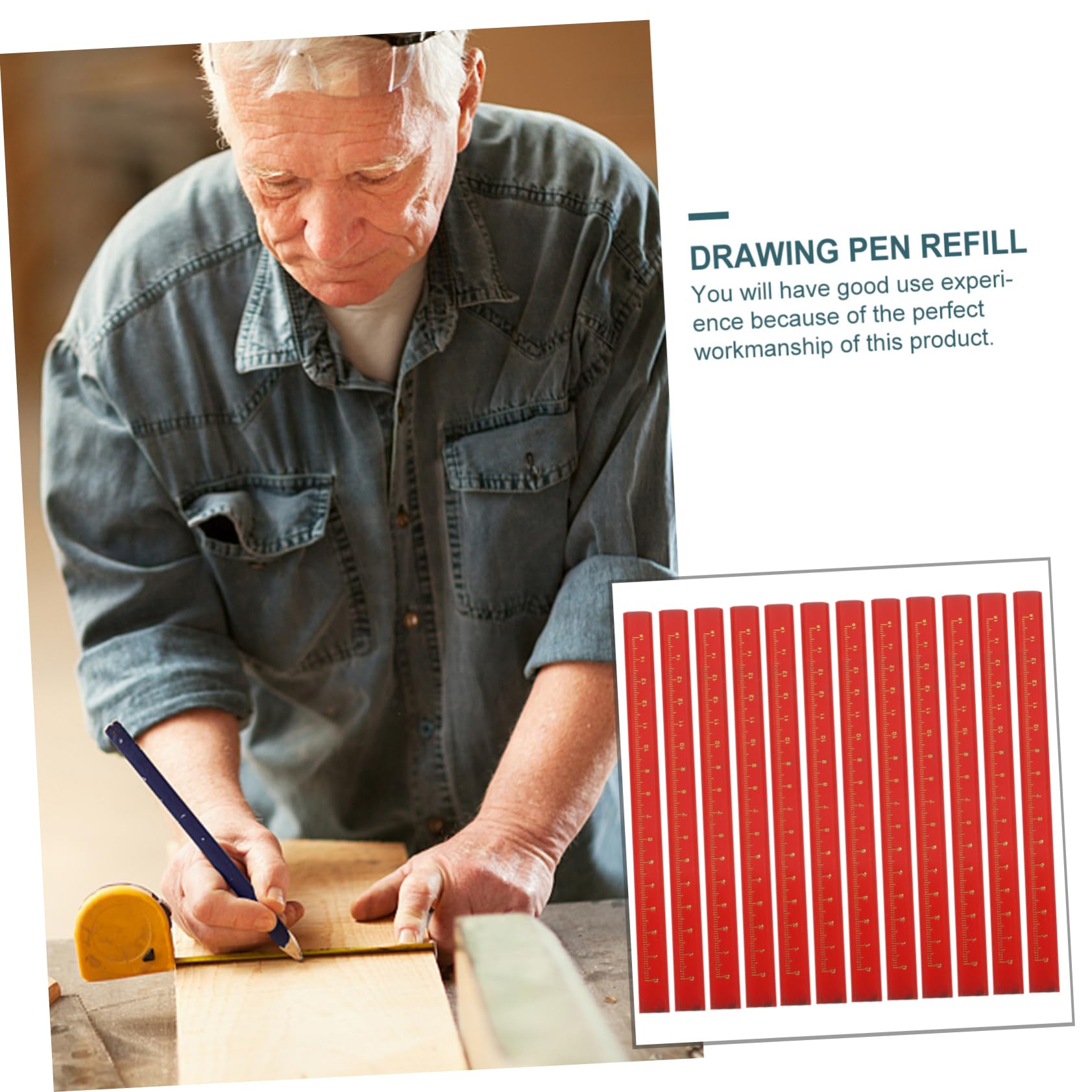 Crayon Octogonal avec Échelle, Lot de 50, Bois et Plomb Rouge