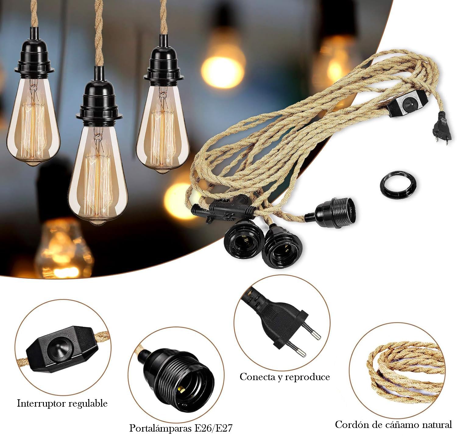 Interruptor regulable con cable textil industrial moderno juego de lámparas de araña con 6,8 M de largo casquillo E27 para dormitorio accesorios de iluminación doméstica 3 portalámparas sin bombilla