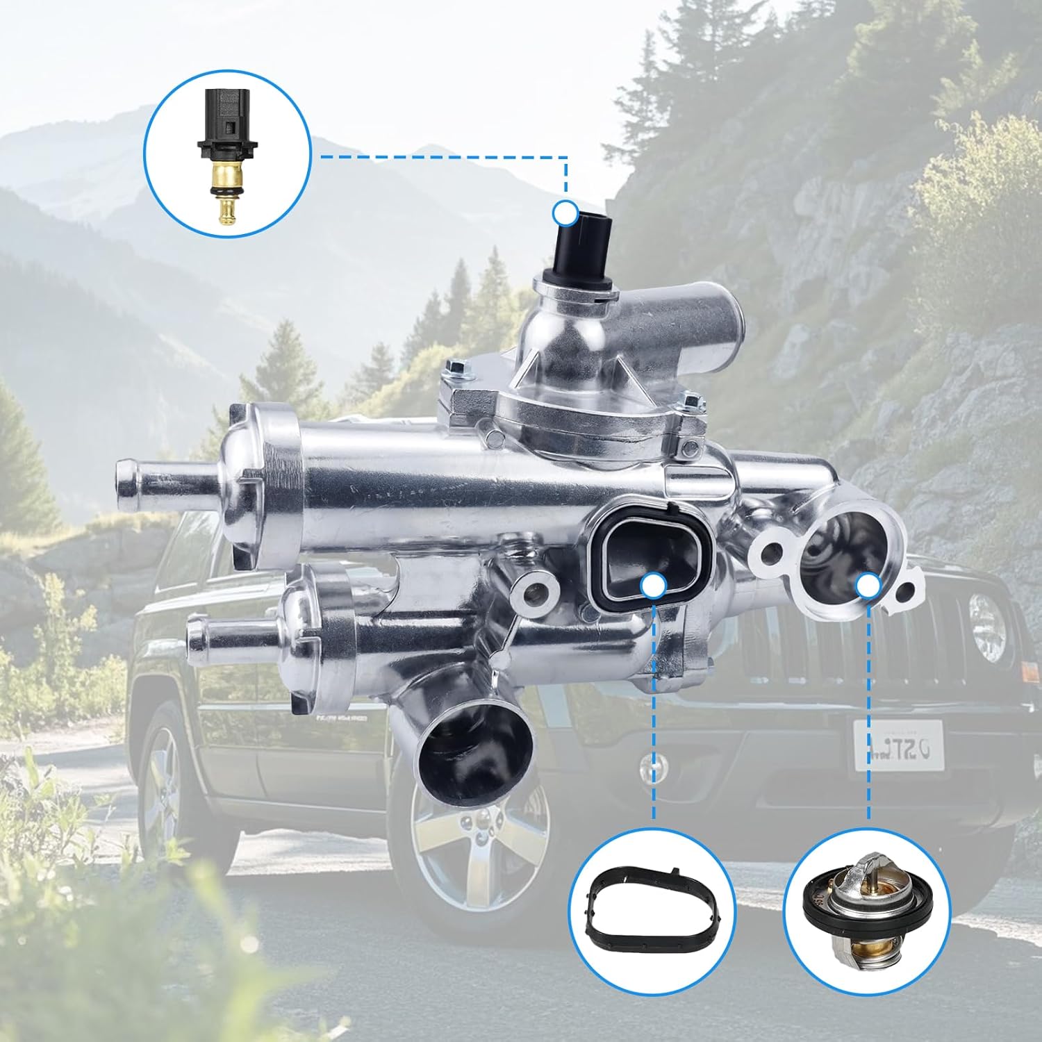 Thermostat Housing Assembly, Thermostat Kit 68003582AB Compatible For JEEP COMPASS 07-17,For DODGE JOURNEY 09-20,JEEP PATRIOT 07-17, For DODGE AVENGER 08-14 1.8L 2.0L 2.4L 4CYL