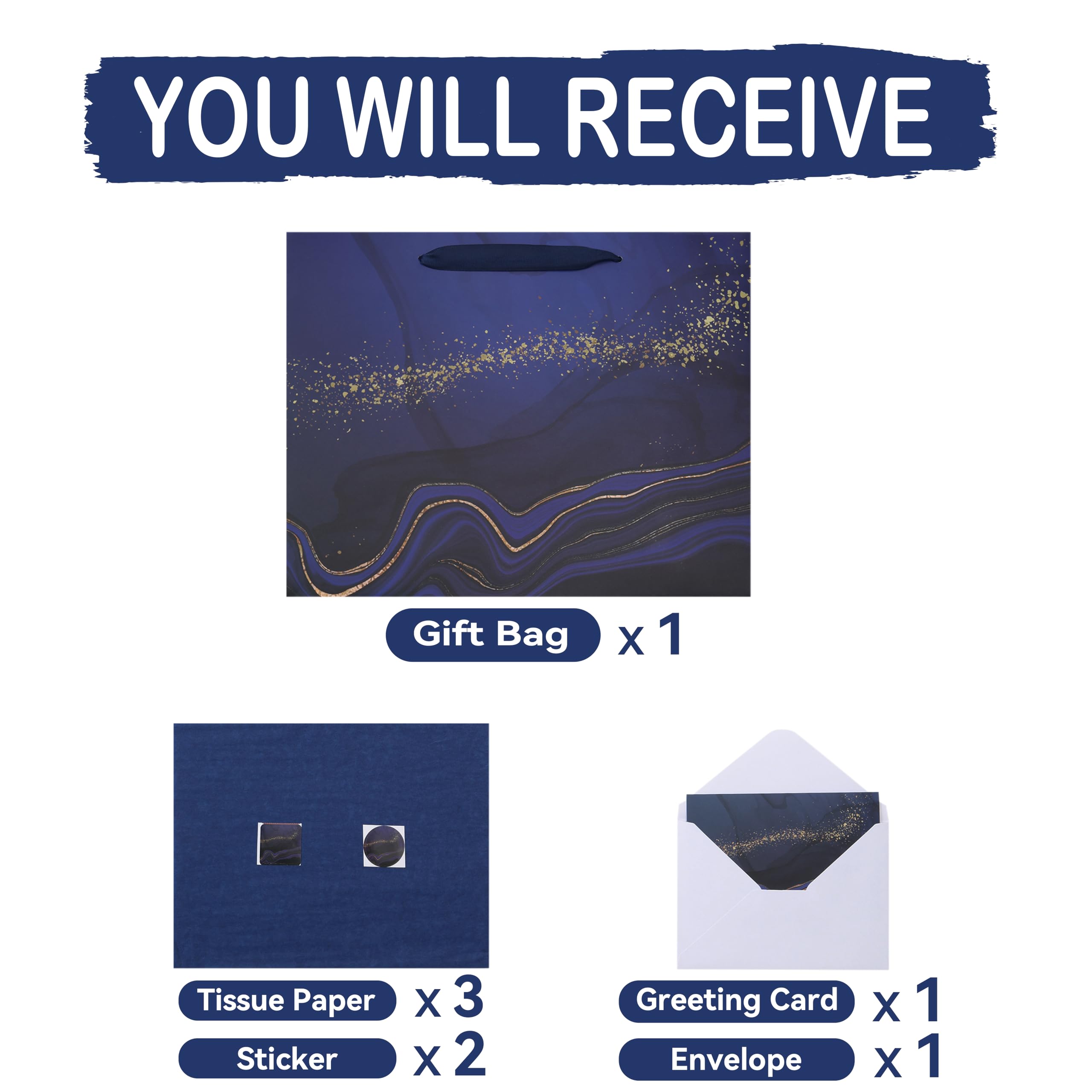13'' Large Blue Marble Gift Bag Set with Handles, Greeting Card, Tissue Papers and Stickers for Men Boys Kids for Birthdays, Fathers Day, Graduations, Christmas, Baby Showers, Marble Design, 1 Pcs