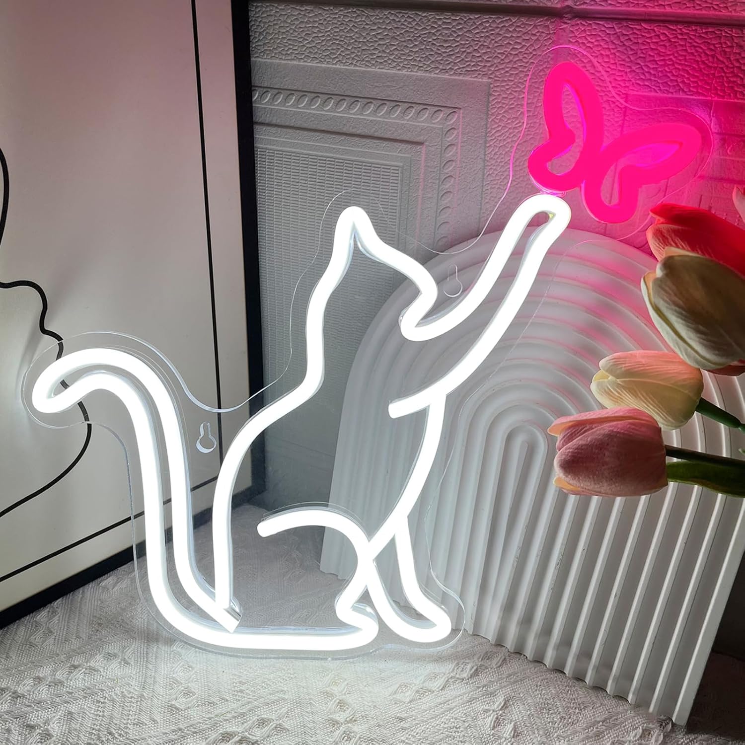 Cat Neon Signs, Cat Butterfly LED Neon Sign for Wall Decor, Cute Cat Neon Lights, Kawaii Animal 3D Wall Art Neon Light Sign for Bedroom Living Room Children Kids Girls Present Bar Home Party Birthday