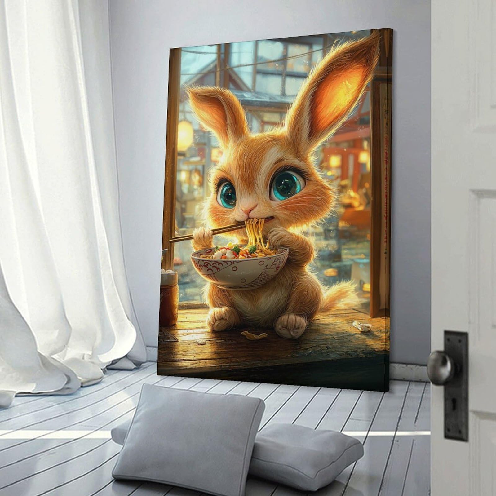Junmoney Canvas Wall Art Cute Bunny Eating Ramen, 20x30inch(50x75cm), for Bedroom, Guest Room Or Reading Nook, Canvas Wall Decor for Personal Spaces
