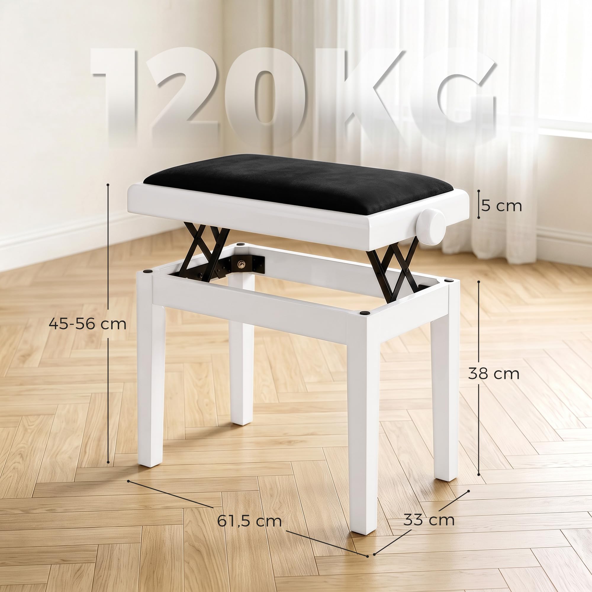 HOMCOM Banquette de Piano réglable en Hauteur 61,5 cm, siège avec Coussin rembourré Effet Velours, Pieds en hévéa laqué, pour Coiffeuse, Chambre ou Salon, Blanc