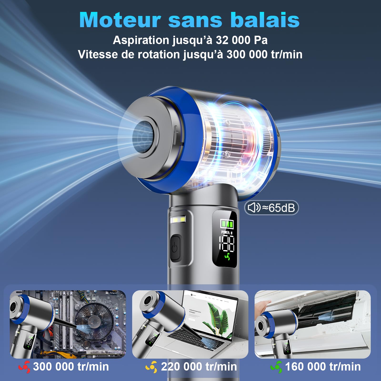 Aspirateur à main sans fil 4 en 1, 32000 PA puissant, aspirateur à main de voiture, 3 vitesses 300 000 tr/min, moteur sans brosse, écran LCD, pour voiture, bureau