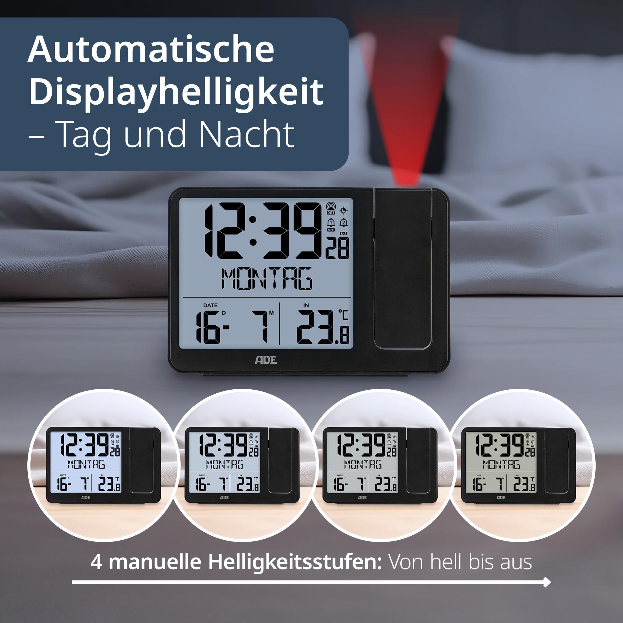ADE digitale radiogestuurde wekker met projectie en buitensensor | projectiewekker met 2 wektijden | klok met temperatuurweergave, datum en weekdag | incl. netsnoer | wit ADE digitale radiogestuurde wekker met projectie en buitensensor | projectiewekker met 2 wektijden | klok met temperatuurweergave, datum en weekdag | incl. netsnoer | wit