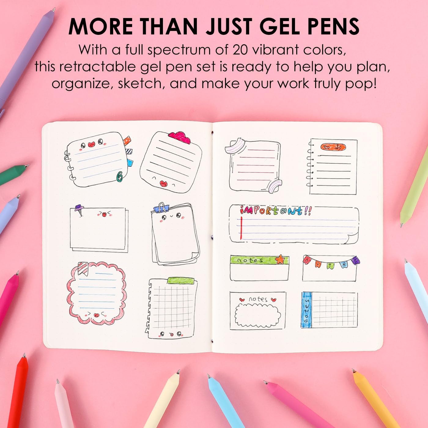 Grabie Retractable Colorful Gel Pens, Perfect for Vibrant Colored Writing and Sketching, Quick Dry Colored Gel Pens, 0.7 mm, Smooth Writing for Journaling and Note Taking, Pack of 20