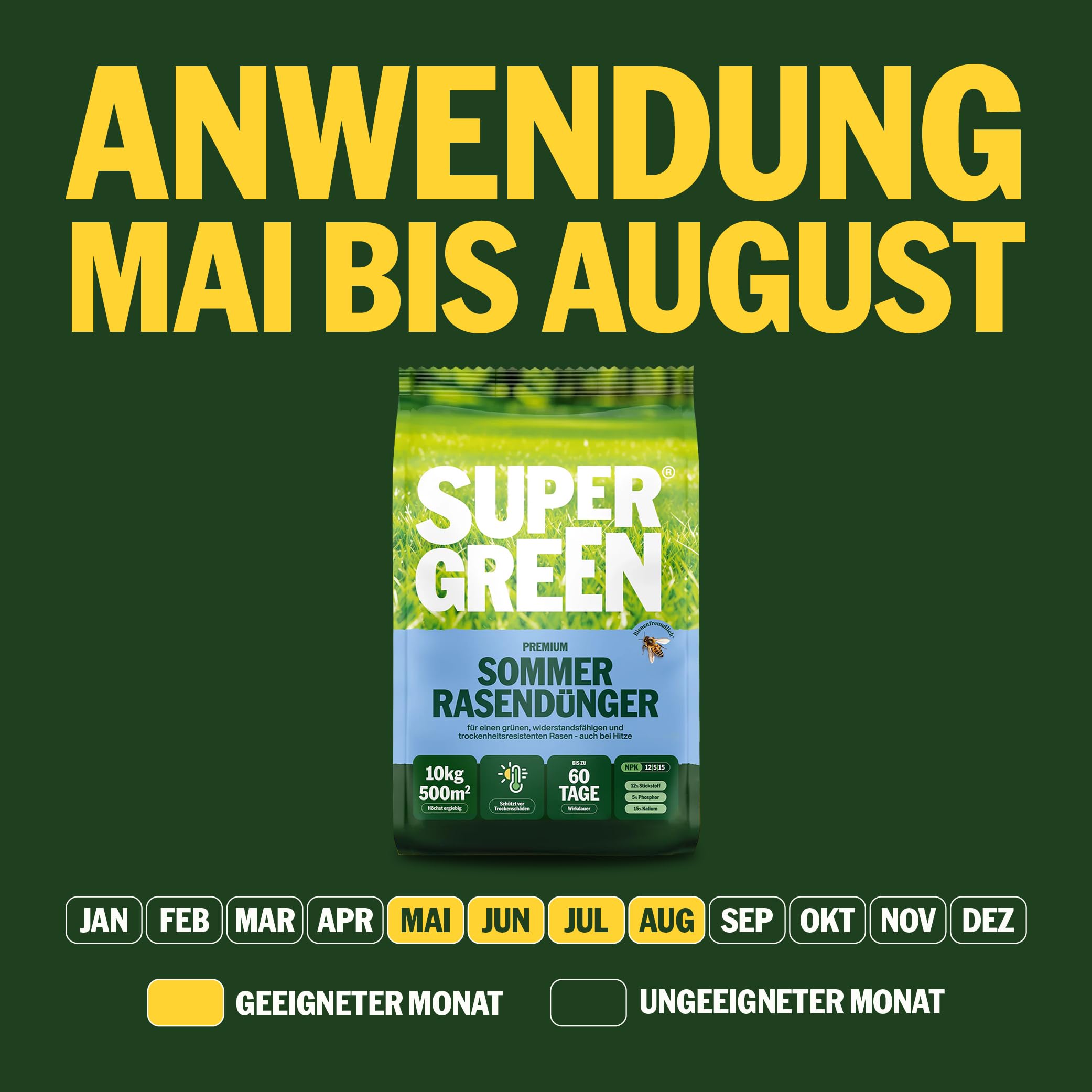 SUPERGREEN Sommer-Rasendünger Langzeitformel 10kg NPK 12-5-15 Granulat 2-5 mm