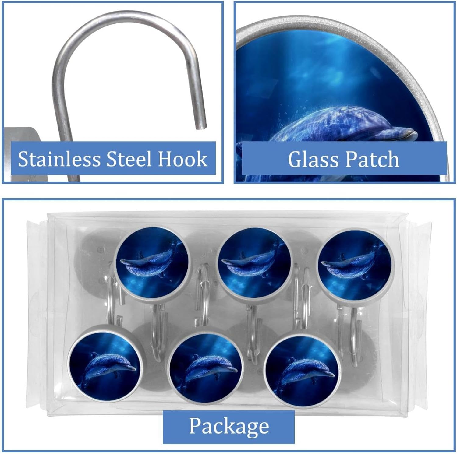 12PCS Marine Dolphin Shower Curtain Hooks Rings for Bathroom, Decorative Shower Curtain Hooks Rods Curtains and Liner