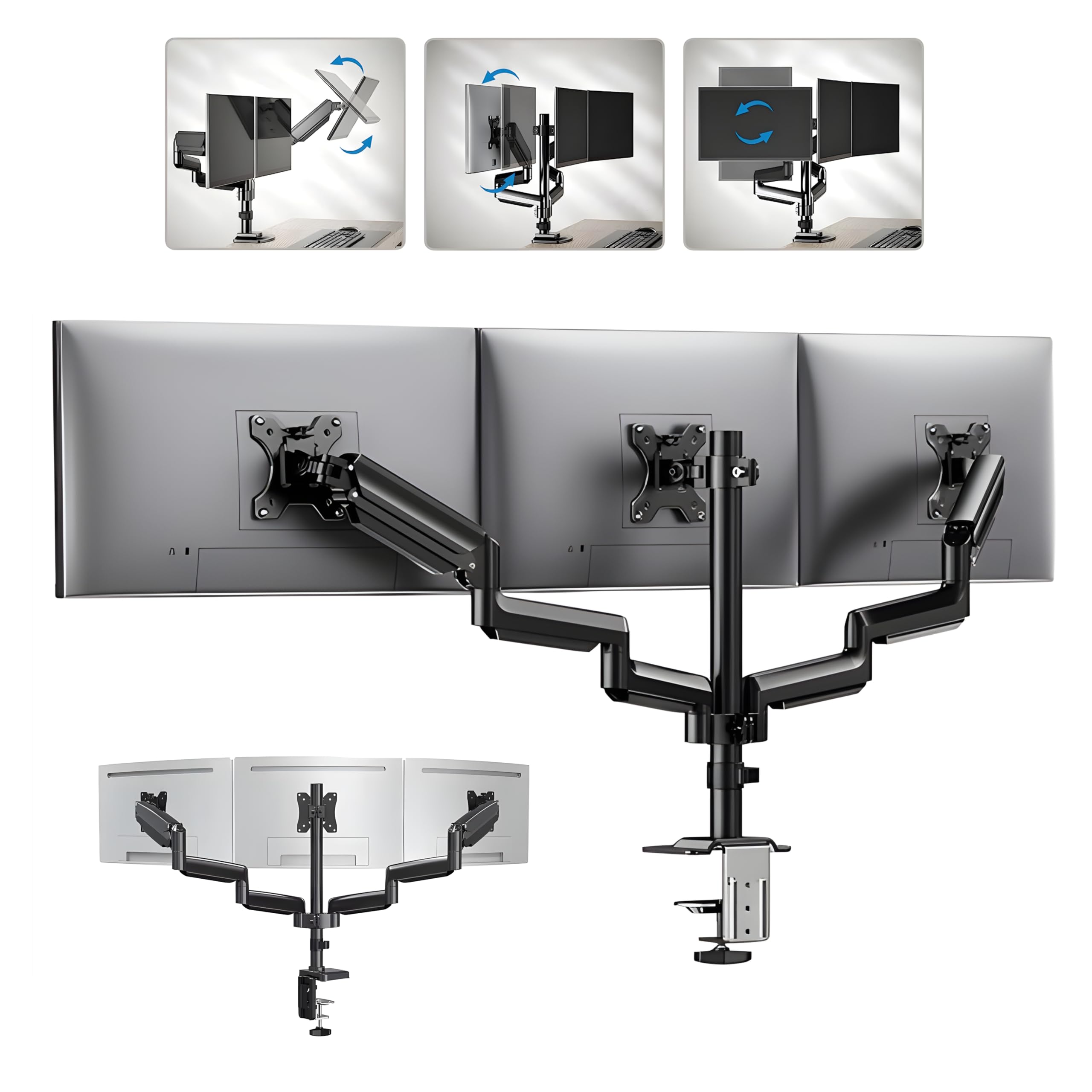 DreamGoods Bras de Moniteur 3 Écrans - Ressort à Gaz Support Triple Moniteur 13-27 Pouces - Support Moniteur Bureau - Rotatif, Inclinable & Hauteur Réglable