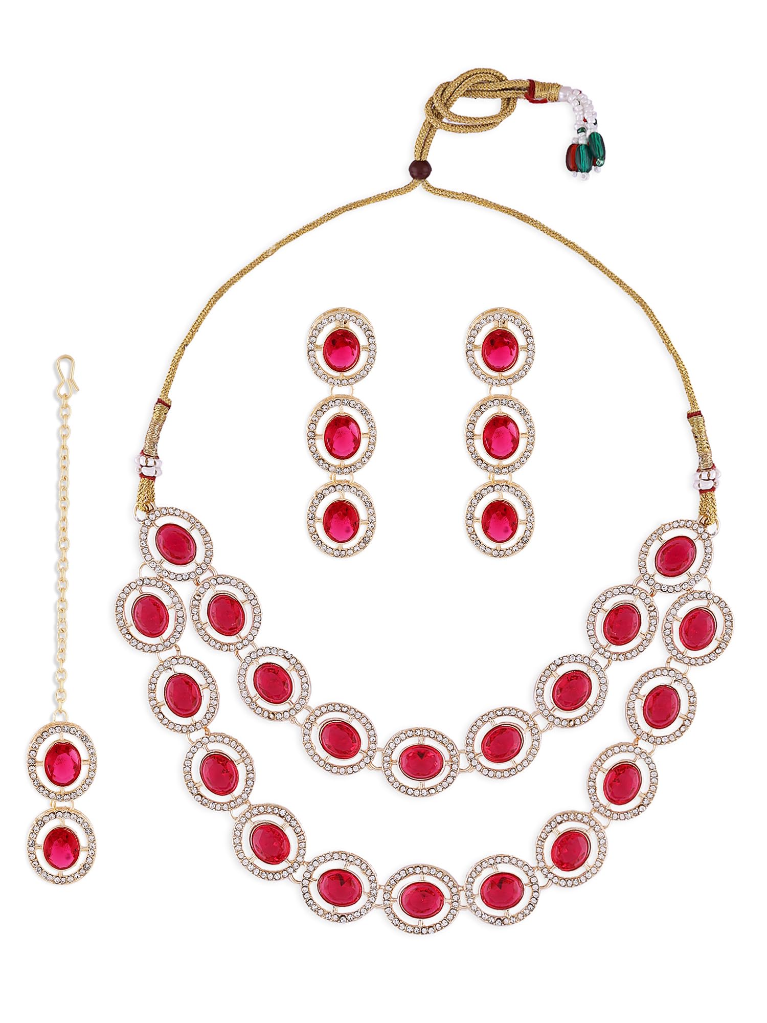 ZAVERI PEARLS Pink Stones Dazzling Austrian Diamonds Layered Necklace Earring Maangtikka Set For Women-ZPFK17771 (B0D1KMMZ2F) Amazon Price History, Amazon Price Tracker