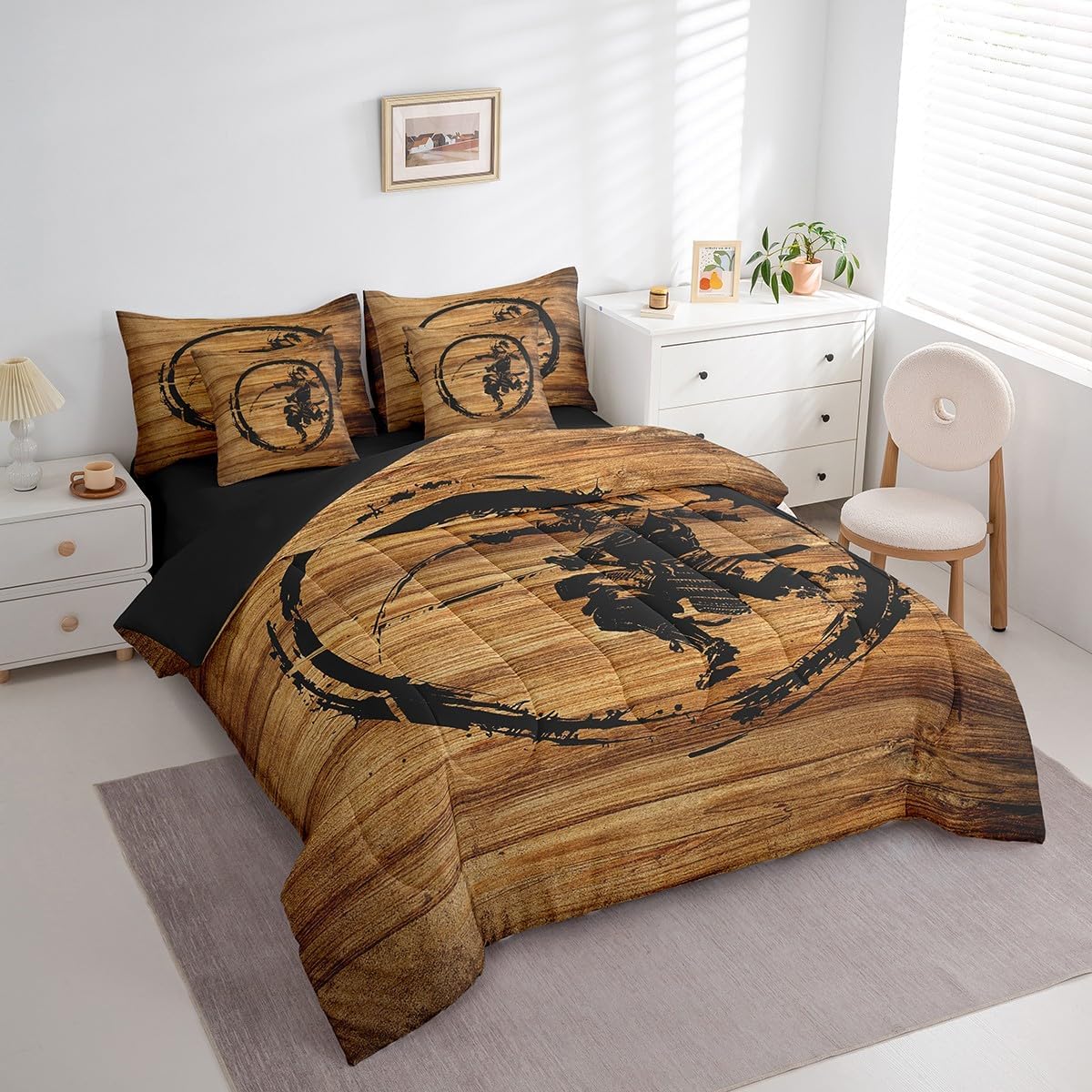 Feelyou Samurai Comforter Set 7 Pieces Full Size Japanese Style Bedding Set for Kids Teens Adults Vintage Wood Bed in a Bag 7Pcs,Comforter + Sheets + Pillowcases + Cushion Covers