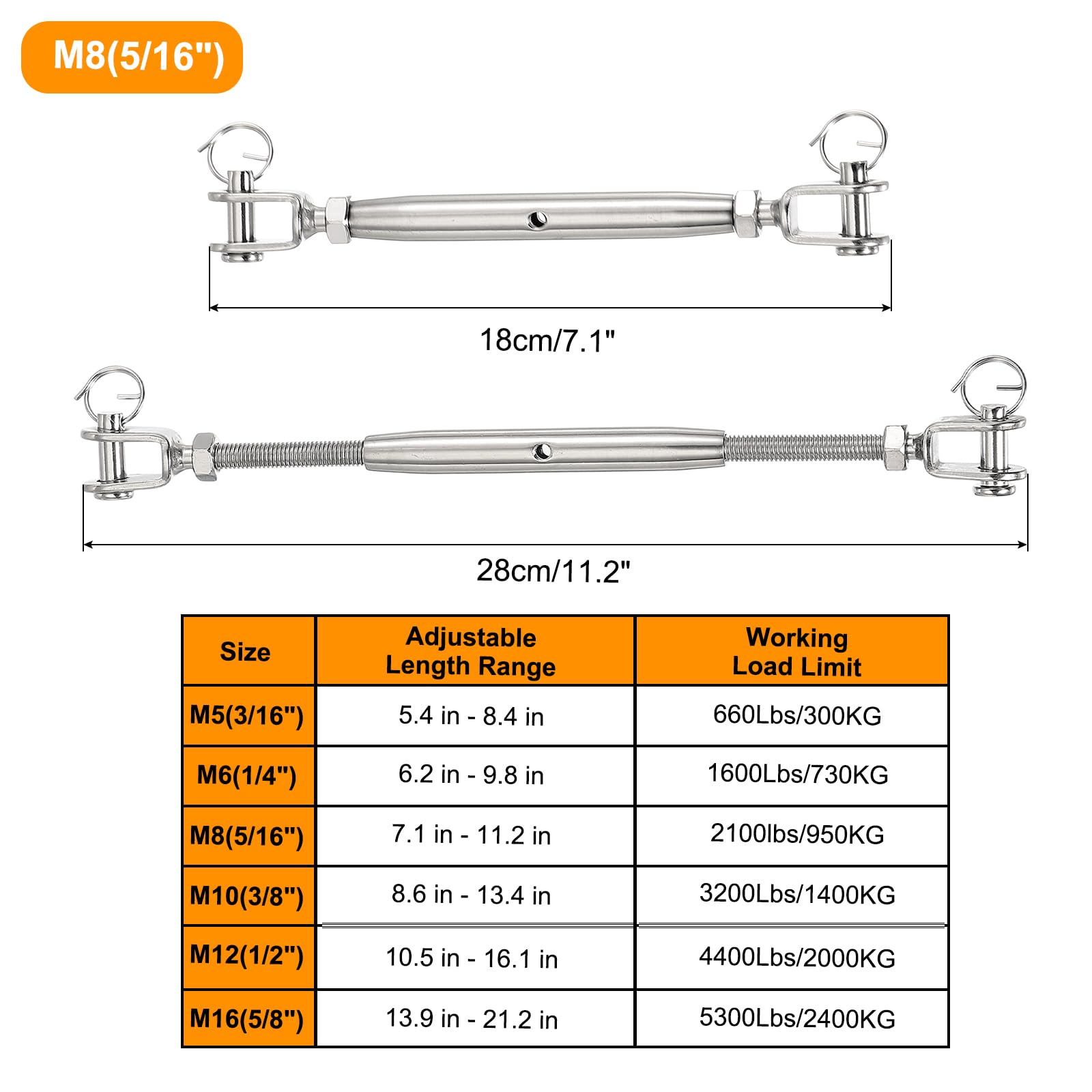 sourcing map Tenditori M8 (5/16") a corpo chiuso con ganasce e ganasce, tenditori per funi metalliche, tenditore regolabile in acciaio inox, tenditore per cavi per ombreggiatura vela, limite di carico