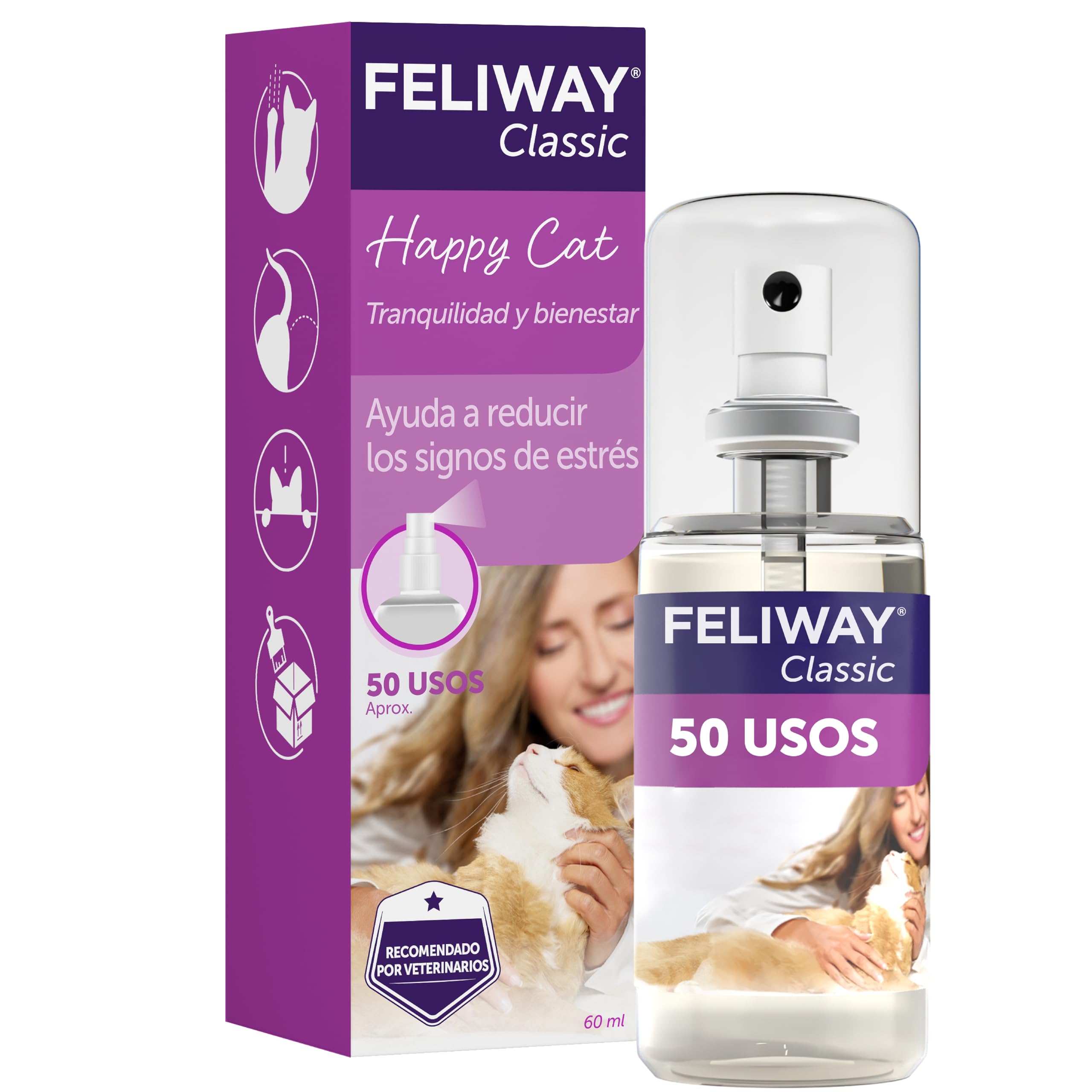FELIWAY Classic Spray - Feromonas calmantes para gatos (60ml). Reduce los marcajes con orina y el estrés durante los viajes en transportín. Recomendado por veterinarios.