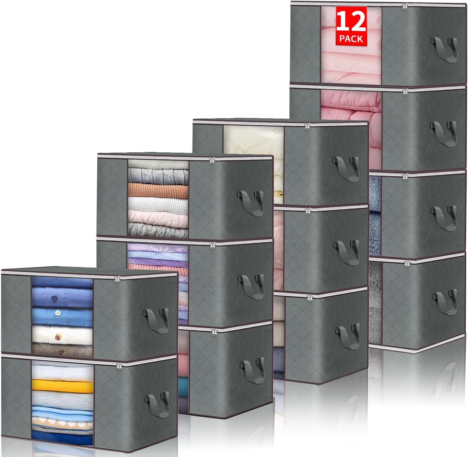 Budding Joy Clothes Storage, Christmas Foldable Large Blanket Bags, Storages and Organization for Clothing, Comforter, Clothes, Pillows, Toys, Closet Organizers with Enhanced Handle, 60L 12 Pack