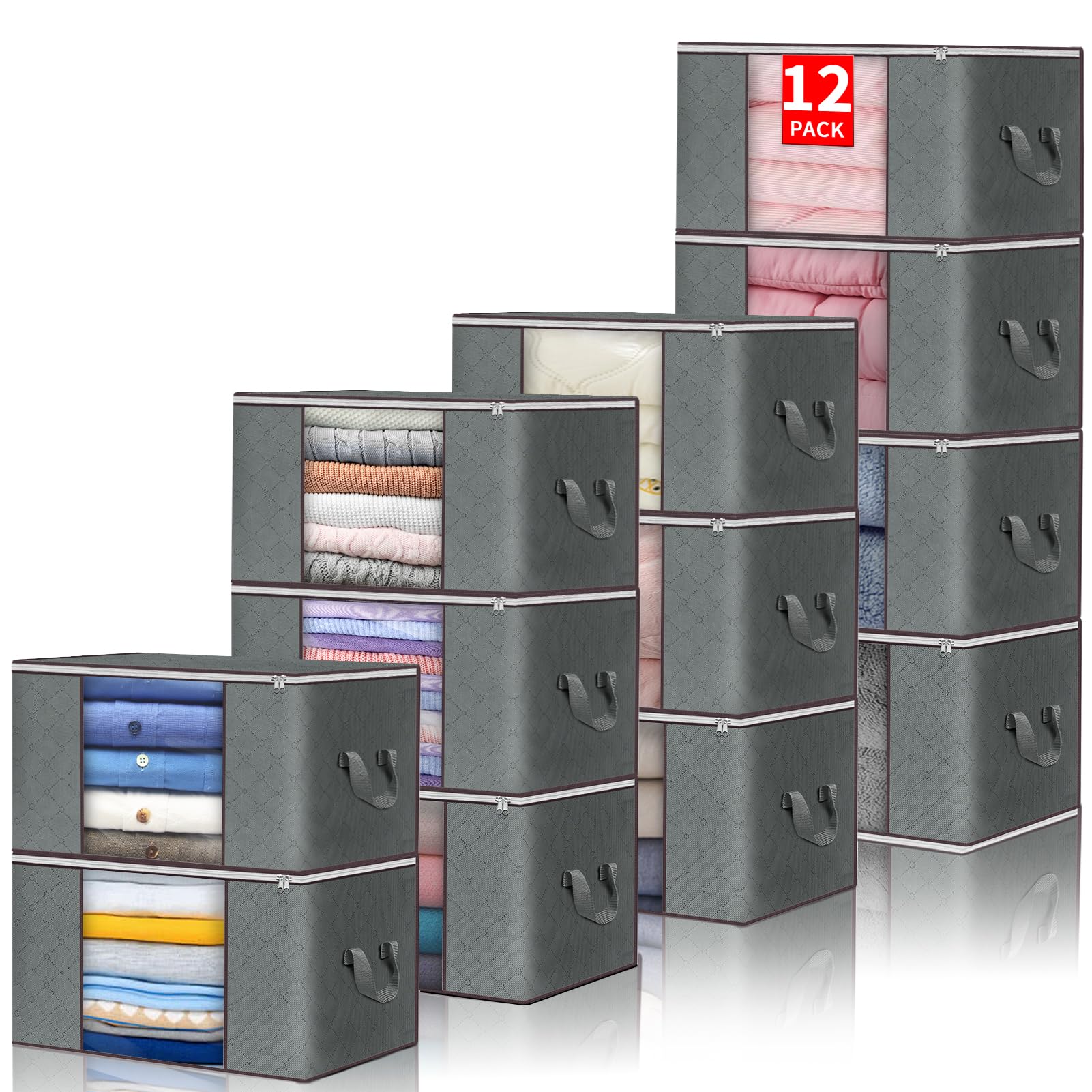 Budding Joy Clothes Storage, Christmas Foldable Large Blanket Bags, Storages and Organization for Clothing, Comforter, Clothes, Pillows, Toys, Closet Organizers with Enhanced Handle, 60L 12 Pack