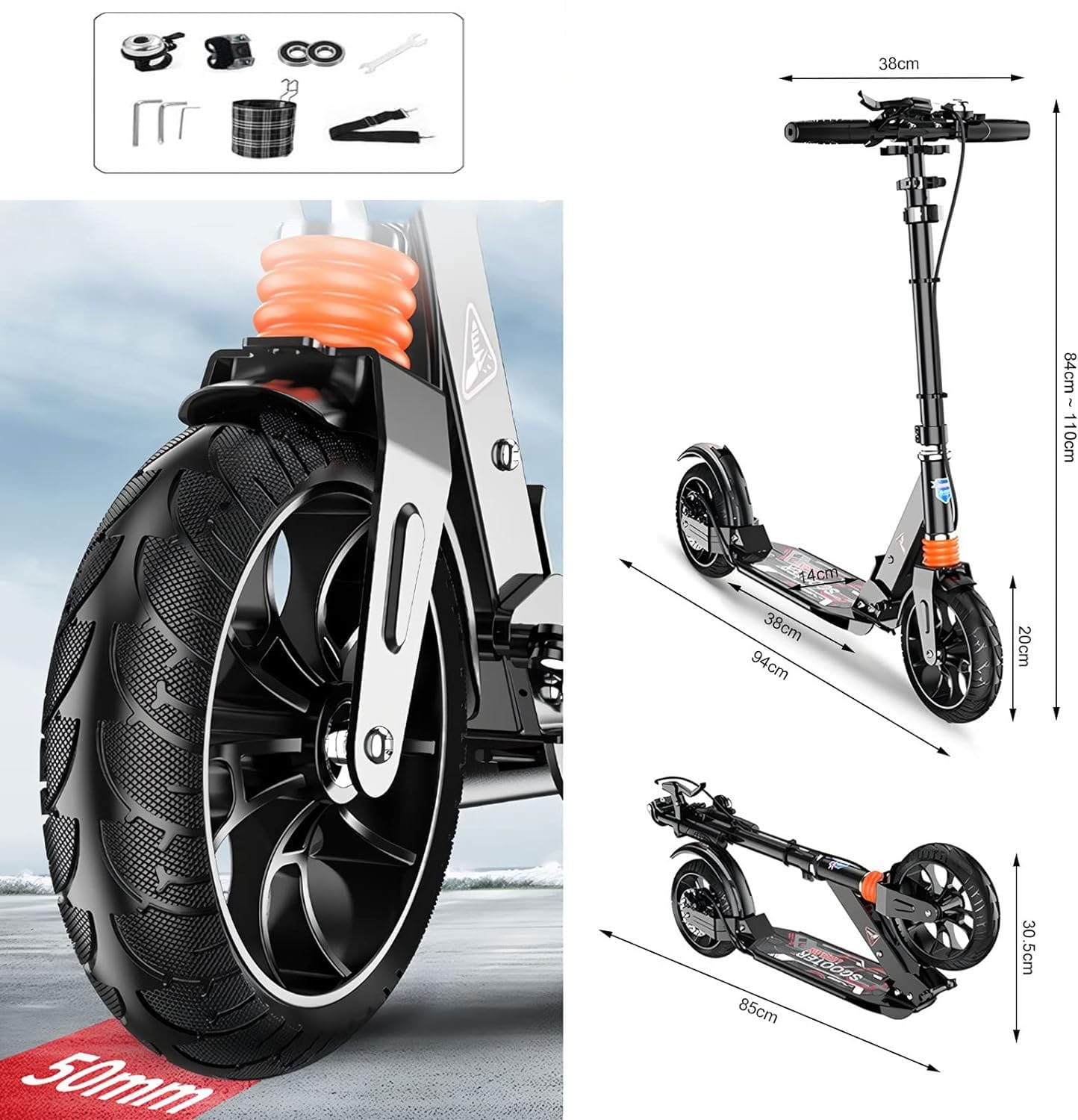 Trottinette Urbaine Adulte Et Enfant - Grandes Roues 200mm, Double Amortisseur, Charge 150kg