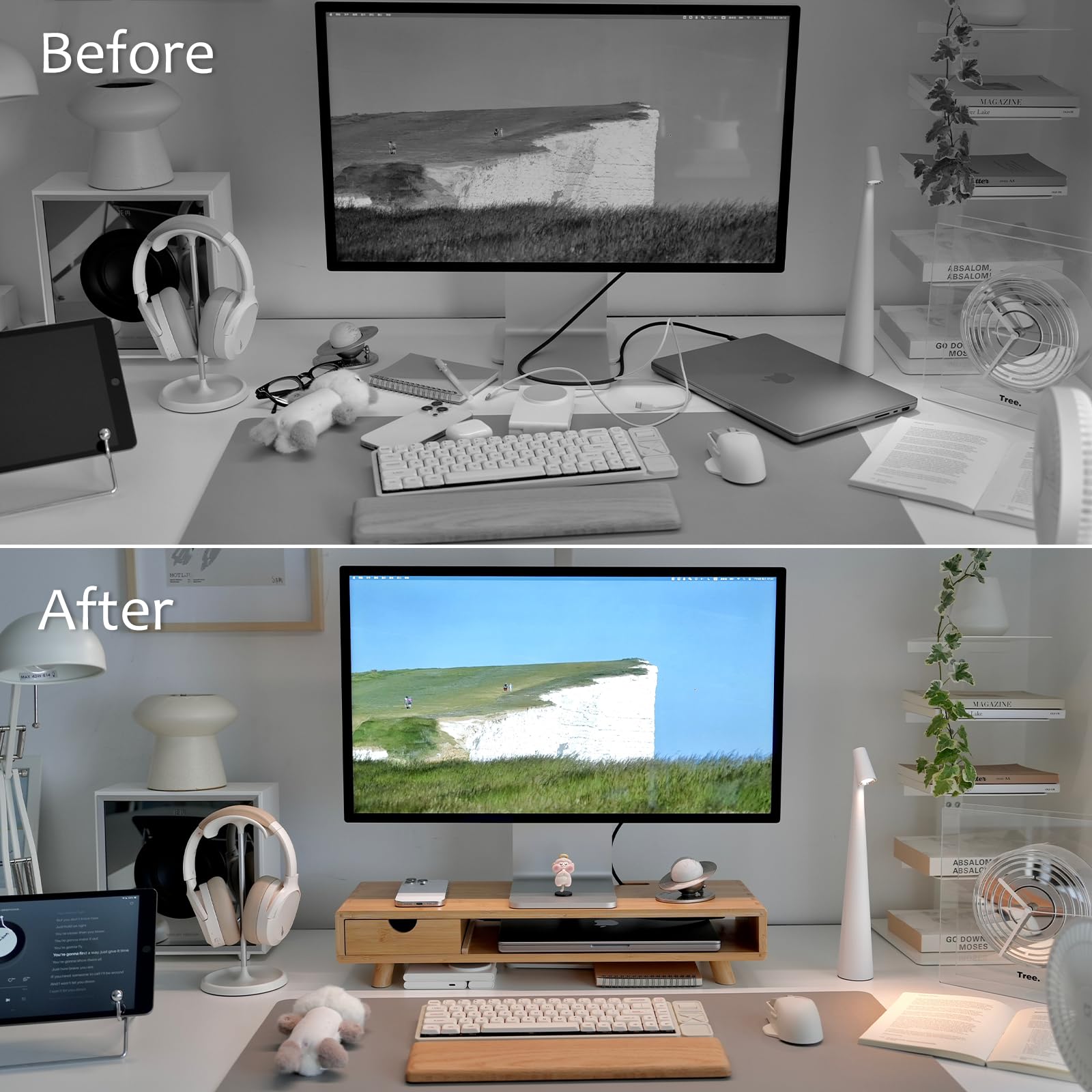 Supporto per monitor in bambù con cassetto, alzata ergonomica per computer per scrivania con gestione dei cavi e organizer per archiviazione, supporto per monitor in legno per casa e ufficio