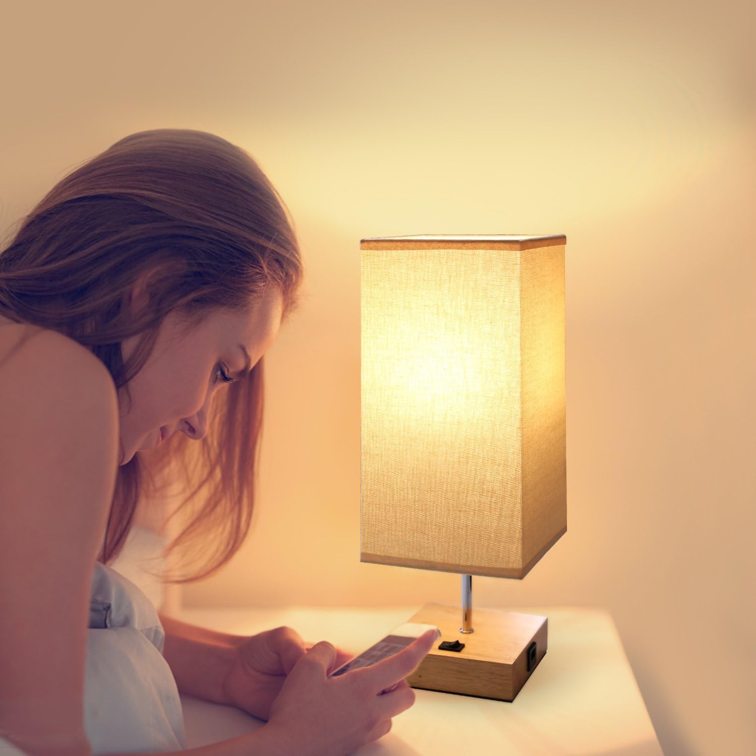 LED Lighting fixtures, Table Lamps Solid Wooden Nightstand Lamp with Fabric Shade, Modern Bedside Lamp, Ambient Light for Bedroom Living Room Office, Black Painted Square Base