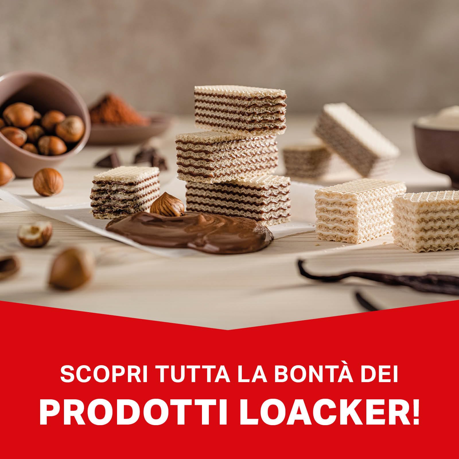 Loacker, Patisserie Snack Crème Noisette, Fragranti Cialde Wafer con Crema alla Nocciola e Ricoperte di Cioccolato, Merenda e Snack, Formato Convenienza, 1 Confezione Display da 24 Monoporzioni da 21g