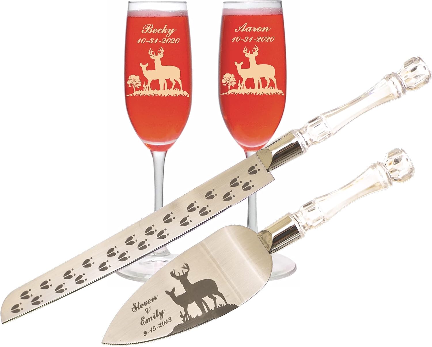 Aaron's Etching Deer Couple Buck aStainless steel and glass Cake Knife Set & Champagne glasses with Names and Date