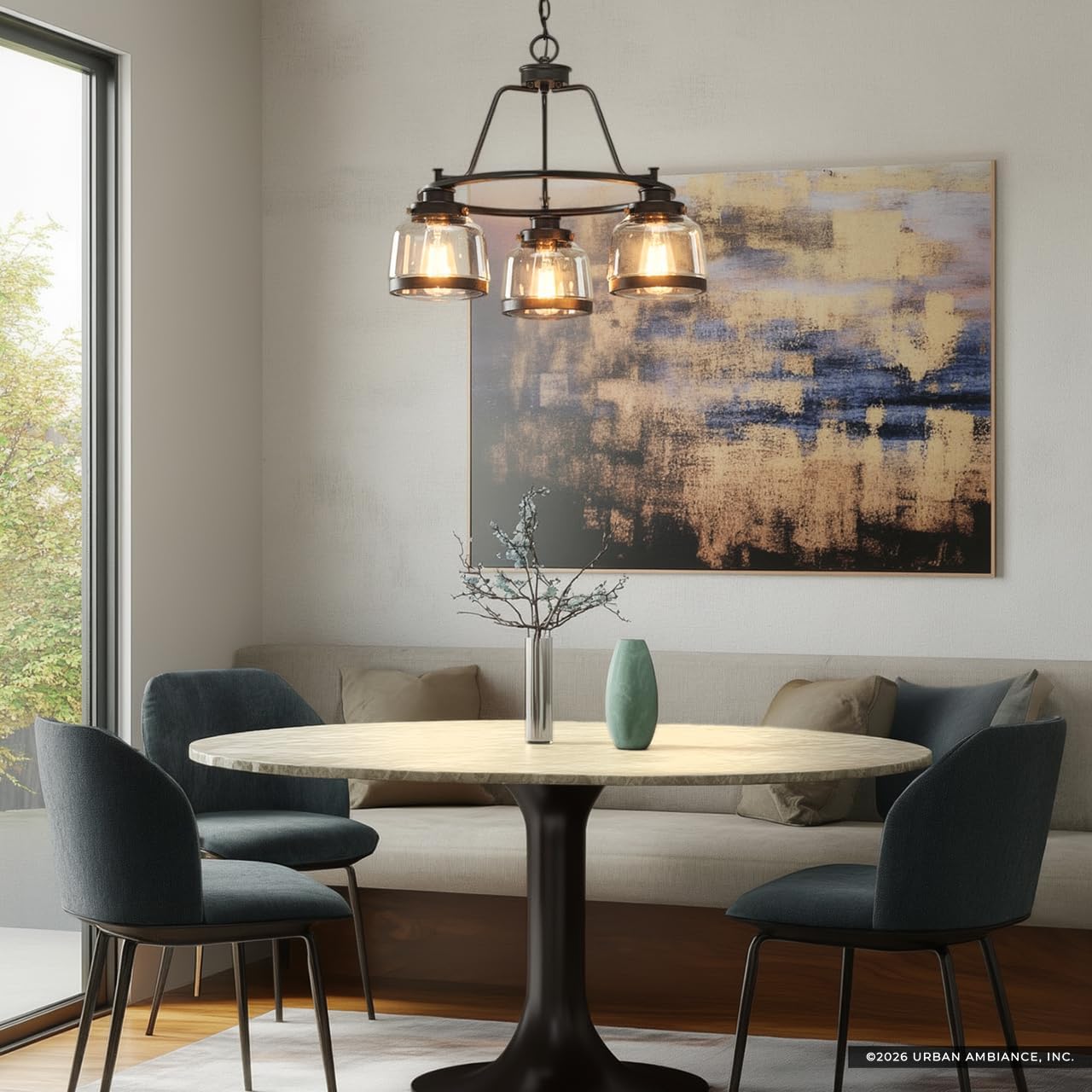 Urban Ambiance Luxury Industrial Chic Chandelier, Medium Size: 18" H x 22" W, with Art Deco Style Elements, Olde Bronze Finish and Clear Shade, UHP2533, Nottingham Collection