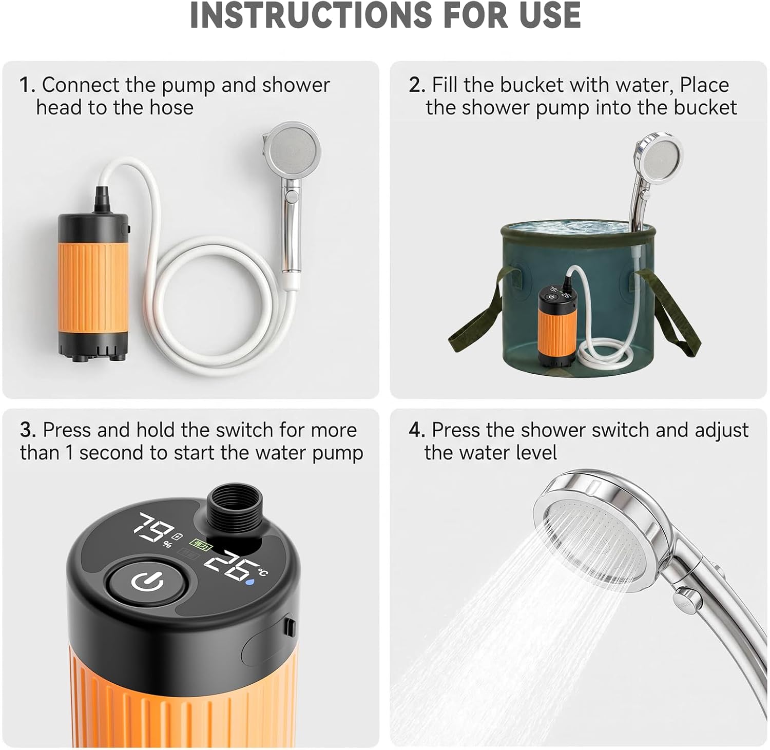 Portable Camping Shower Kit, 130-Minute Runtime, Perfect for Camping, Hiking & Car Trips | 3 Spray Modes & LED Display, includes Collapsible Bucket, Shower Cap, Squeeze Bottles & Body Scrubber