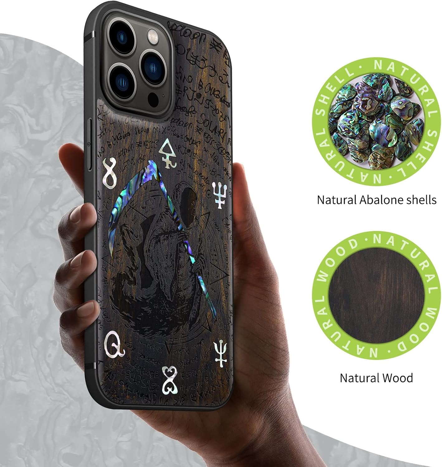 Carveit Designer Wooden Protective Case for iPhone 13 Pro Max Magnetic Cover [Wood Engraving & Shell Inlay] Compatible with 13 Pro Max MagSafe (Grim Reaper-Blackwood)