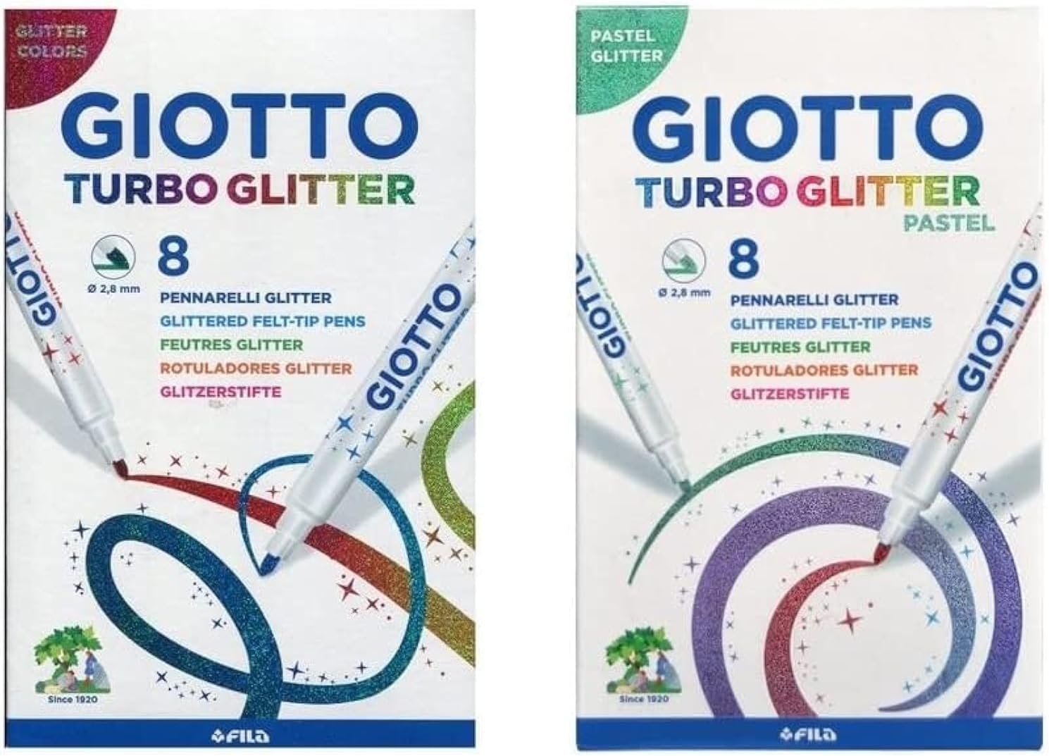 Giotto Turbo Glittered Felt-Tip Pens โ 2 Pack:Glitter Colors + Pastel Glitter + 3 Balloons