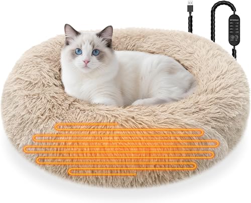 SXBSXB Heated Cat Beds for Indoor Cats and Small Dogs, 24'' Heated Pet Bed with Timer and Temp Adjustable, Cozy Fluffy Round Calming Pet Beds Removable Washable Cover USB Electric Warm Cat Bed- Camel