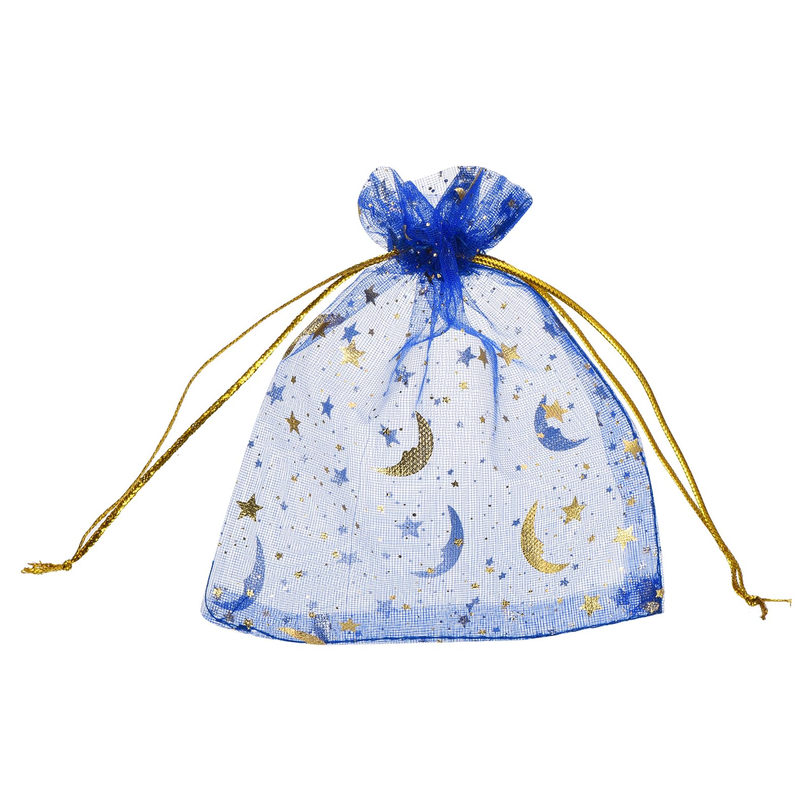sourcing map Organza Bag 3.5" x 5", Sheer Moon Star Mesh Bags Drawstring Gift Bags Bulk Party Favor Bag Jewelry Pouches for Wedding Candy Valentines (Bright Blue-Gold, Pack of 100) — image 1