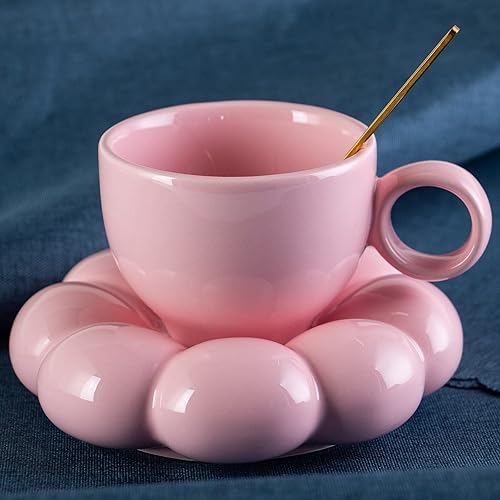 Miniatura 3 de feyluny Taza de café de cerámica linda creativa, taza, taza blanca y rosa perla y conjunto de combinación de posavasos (rosa)