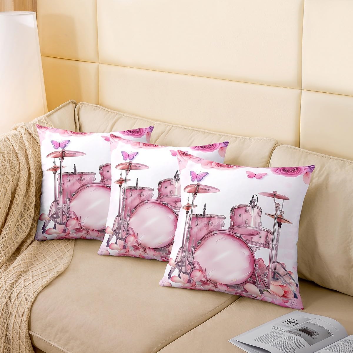 Manfei Rose Flowers Pink Pillow Case Cover,Drum Kit Pillow Cover 24"x 24" Soft Square,Rock Music Themed Decorative Throw Couch Sofa Pillow Cover 2 Pack image 4