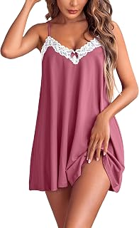 Ekouaer Women's Sexy Lace Nightgown Spaghetti Strap Cami Chemise Sleepwear - Soft Milk Silk Sleep Dress