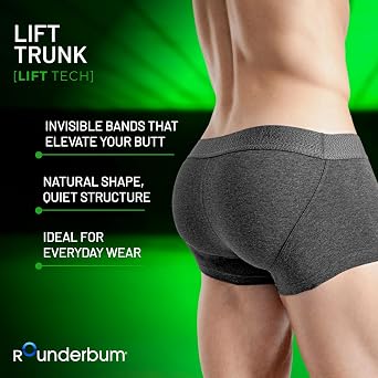 Rounderbum Mens Lift Tech Boxer Trunk Charcoal, Small Hidden Band Butt Lifting Underwear for Men, No Padding, Cotton-Stretch, 3 Colors