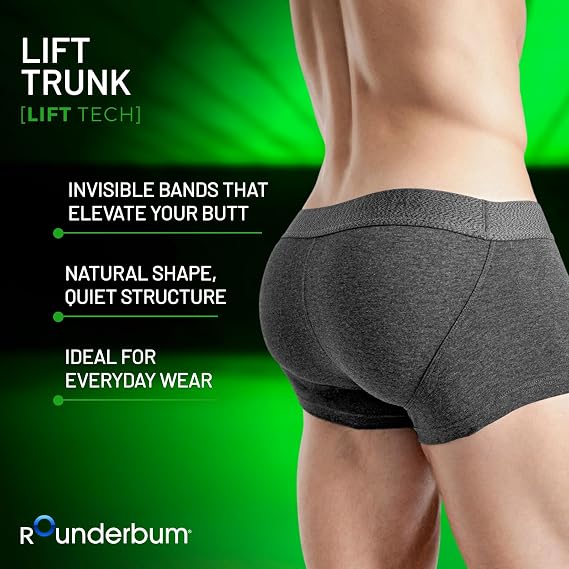Rounderbum Mens Lift Tech Boxer Trunk Charcoal, Small Hidden Band Butt Lifting Underwear for Men, No Padding, Cotton-Stretch, 3 Colors