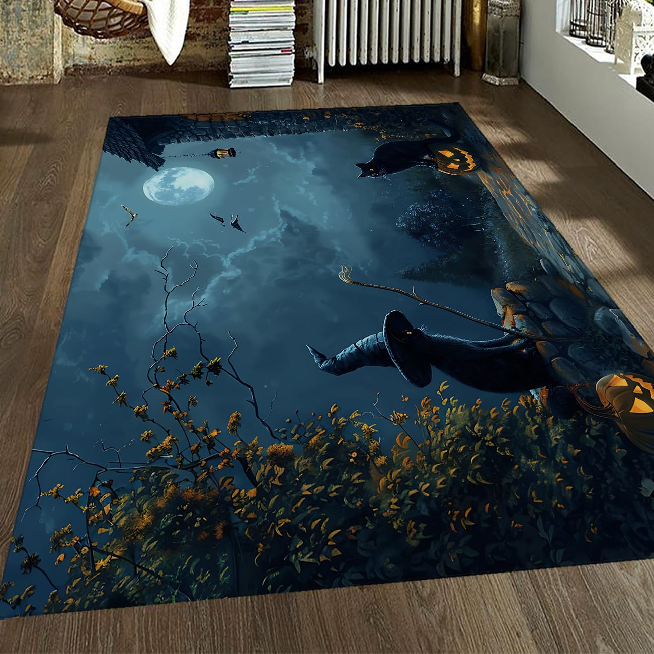 120 x 180 cm Dywan Halloween Czarownica Kot Pełny Kot Czarny Dynie