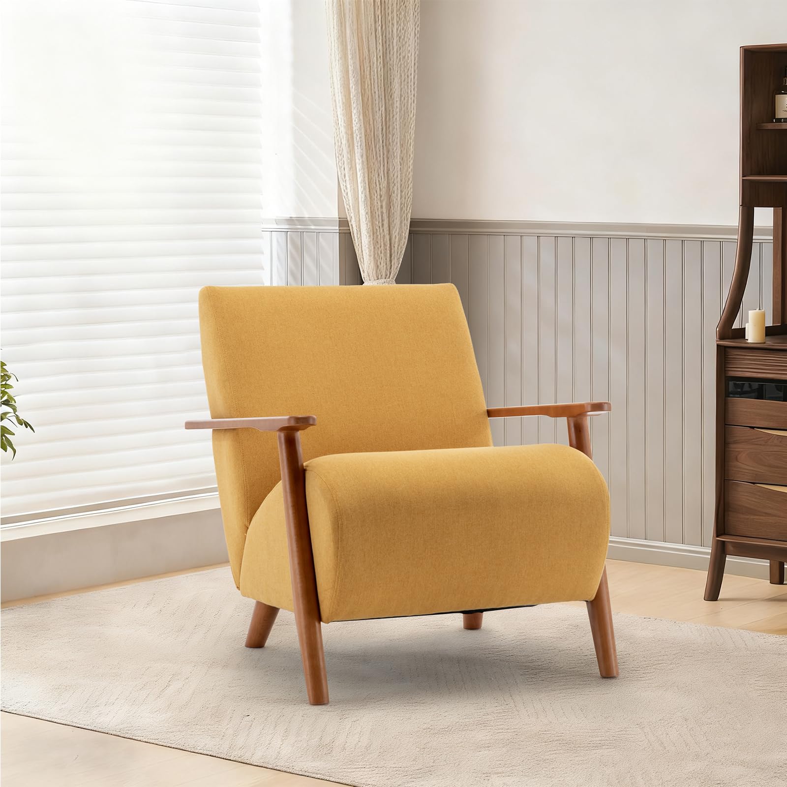 TQHOQ Modern Accent Armchair for Living Room, Upholstered Linen Lounge Chair with Solid Wood Frame (Yellow, 1PCS)