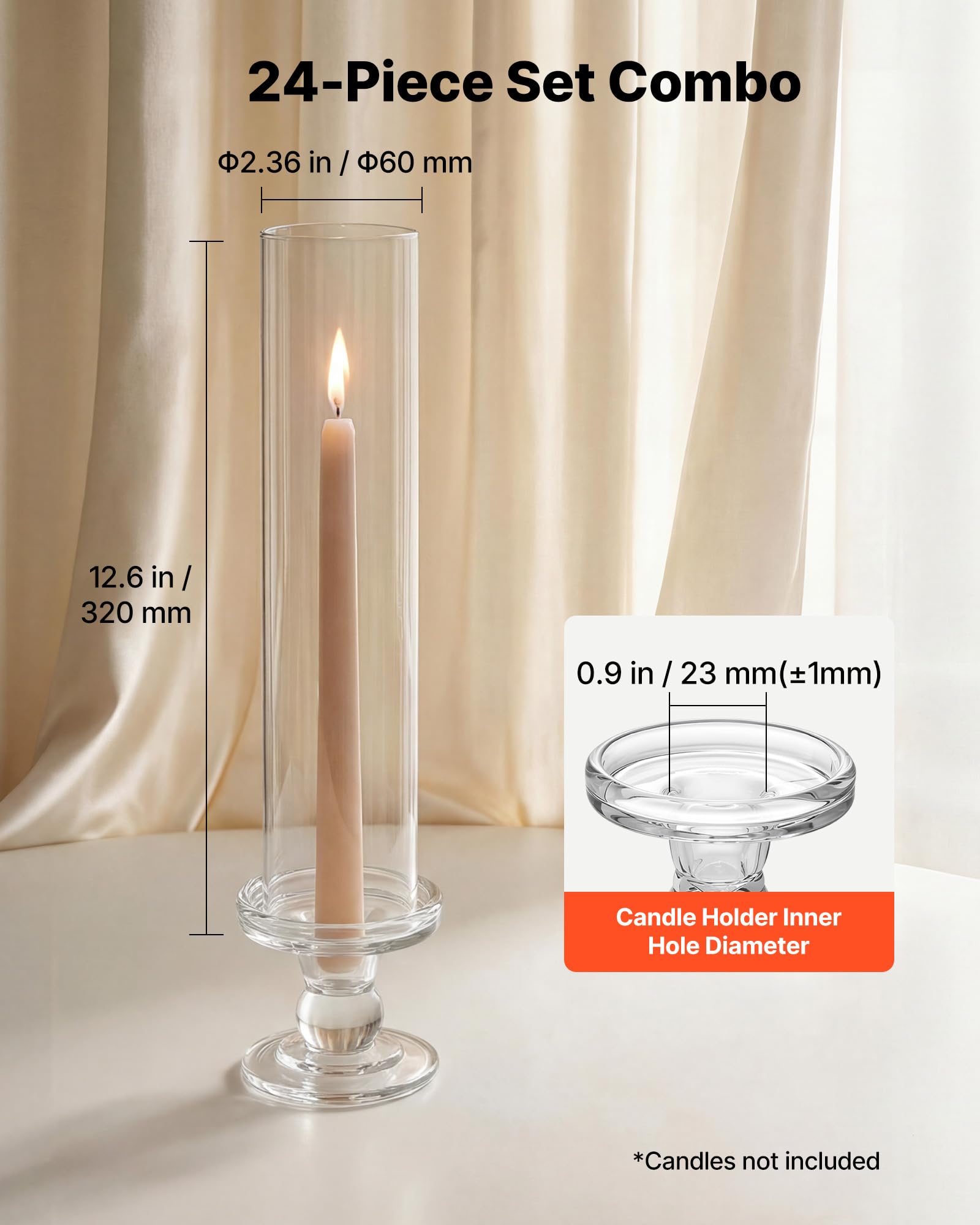 VEVOR 24 STK. Glaszylinder für Kerzen Set, Hurricane Kerzenhalter 60x390mm, Kerzengläser aus Borosilikatglas, Bodenlose Kerzenschatten mit Kerzenständer, Kerzenhalterhülle für Hochzeit Weihnachten