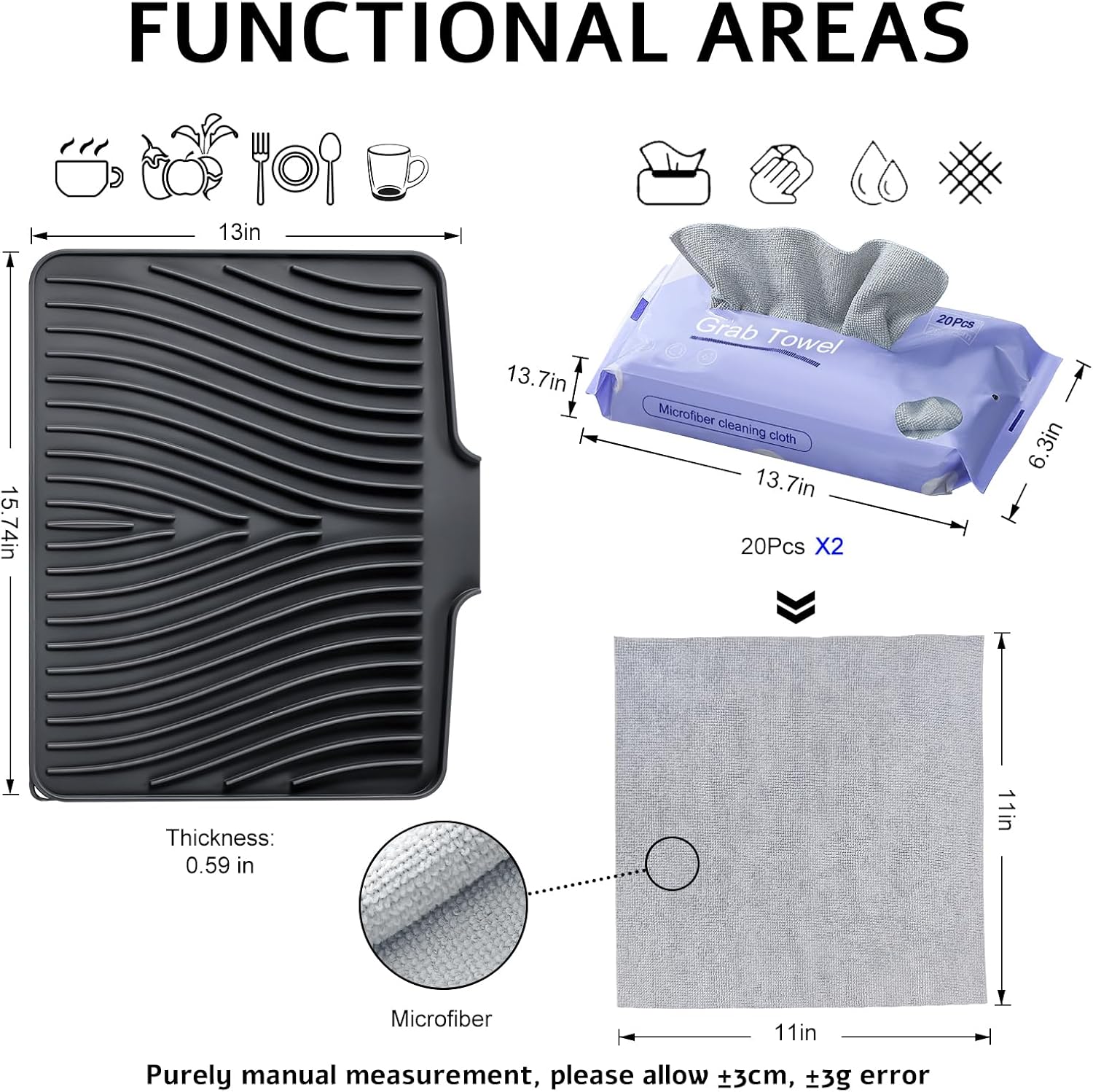 TIKNIK Silicone Dish Drying Mat, Stone Drying Mat for Kitchen Counter with Built-in Drain, Non-Slip 15.8" X 13" Drying Matt Kitchen Counter and Grey Microfiber Cleaning Cloth, Cleaning Rags Set(Black)