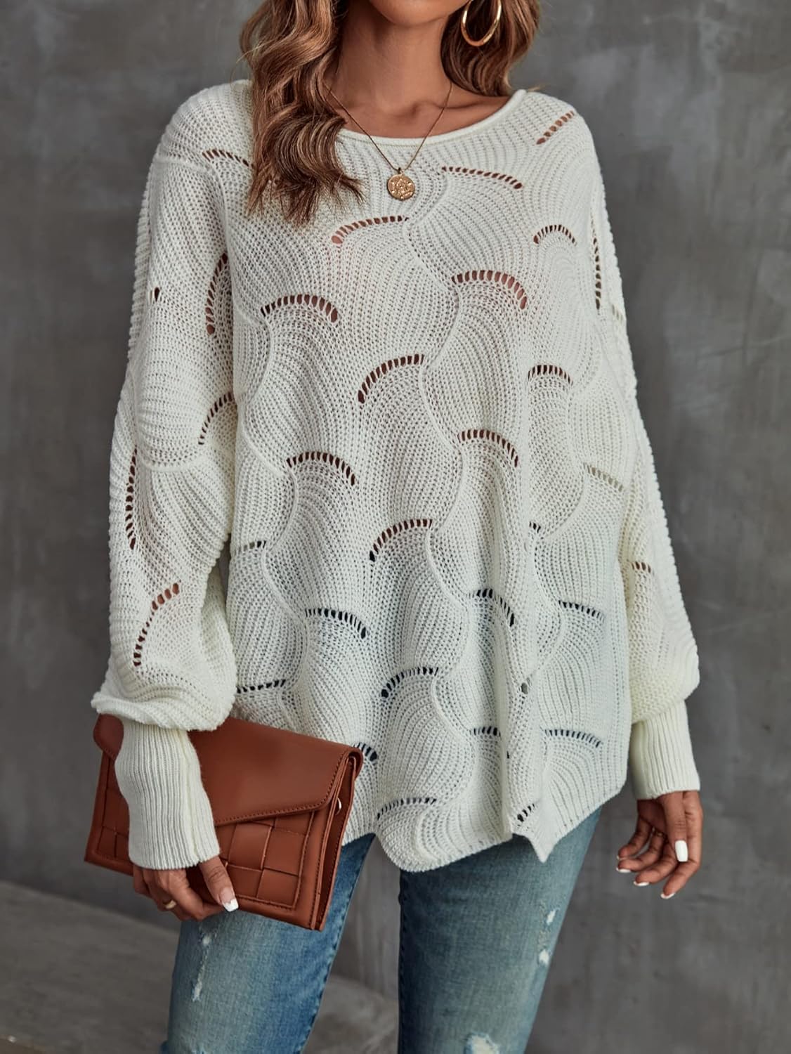 Women's Sweater Lantern Sleeve Pointelle Knit Sweater Sweater for Women (Color : White, Size : Medium)