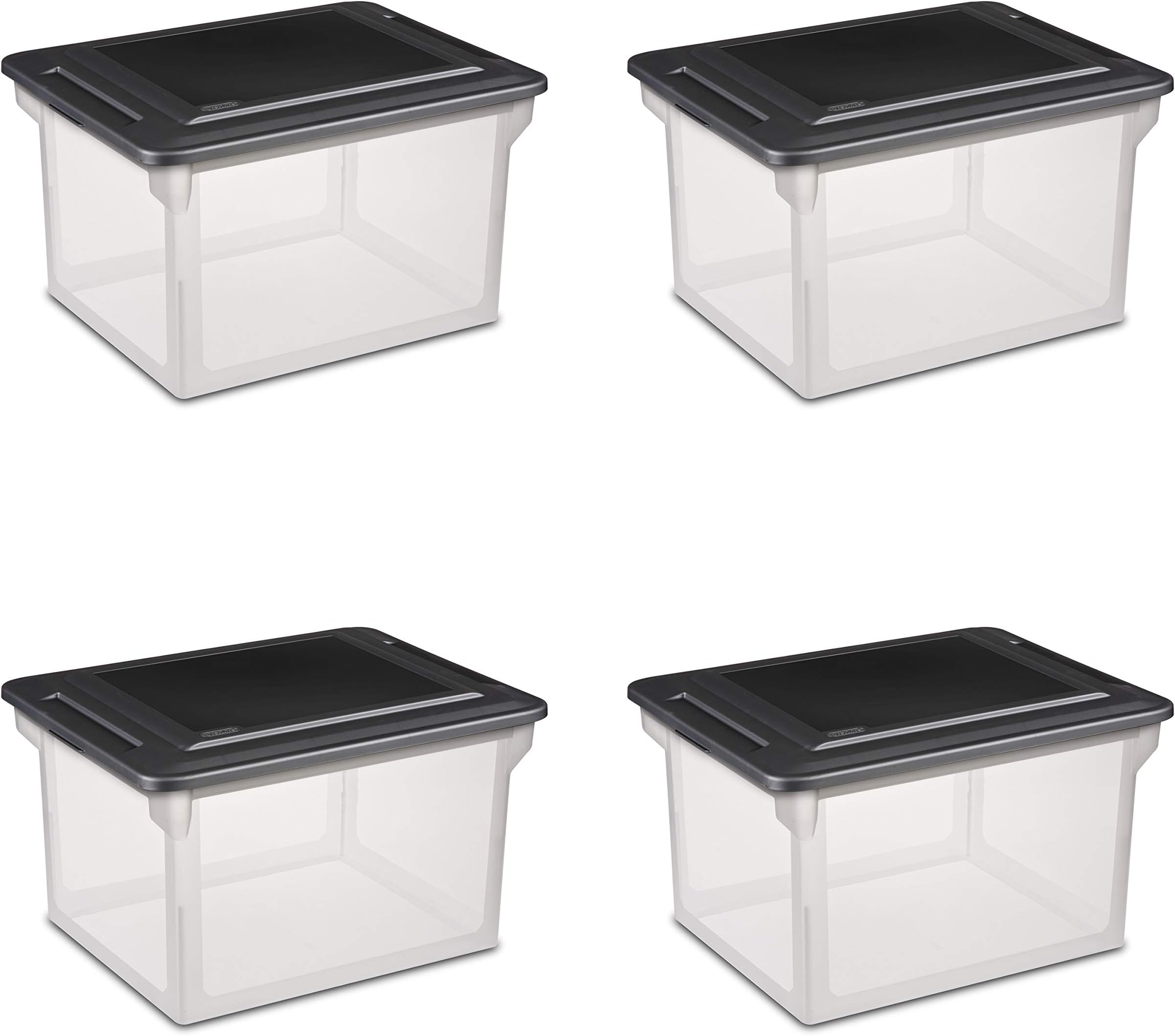 Sterilite File Box, Stackable Storage Bin with Lid, Plastic Container to Organize Taxes, Papers in the Home, Office, Clear Base with Black Lid, 4-Pack
