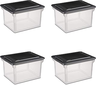 Sterilite File Box, Stackable Storage Bin with Lid, Plastic Container to Organize Taxes, Papers in the Home, Office, Clear Base with Black Lid, 4-Pack
