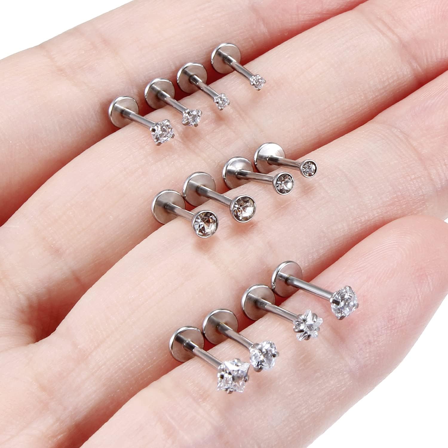 20G 18G Threadless Push in Nose Rings Studs Surgical Steel Pushin Nose Stud 1.5mm 2mm 2.5mm 3mm Round/Star/Heart Crystal Nose Piercing Jewelry for Women Men