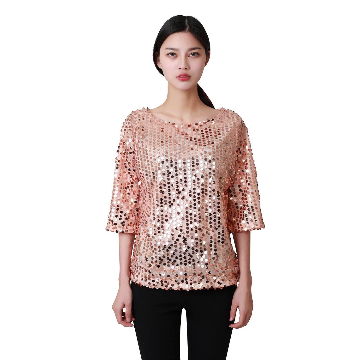 Women's Sparkle Glitter Sequin Embellished Half Sleeve T-Shirt Casual Party Tank Tops