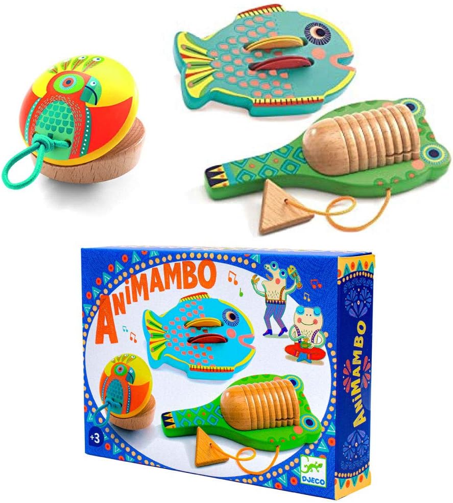 DJECO Animambo Cymbal, Castanet, Guiro Percussion Musical Instrument Set, Blue